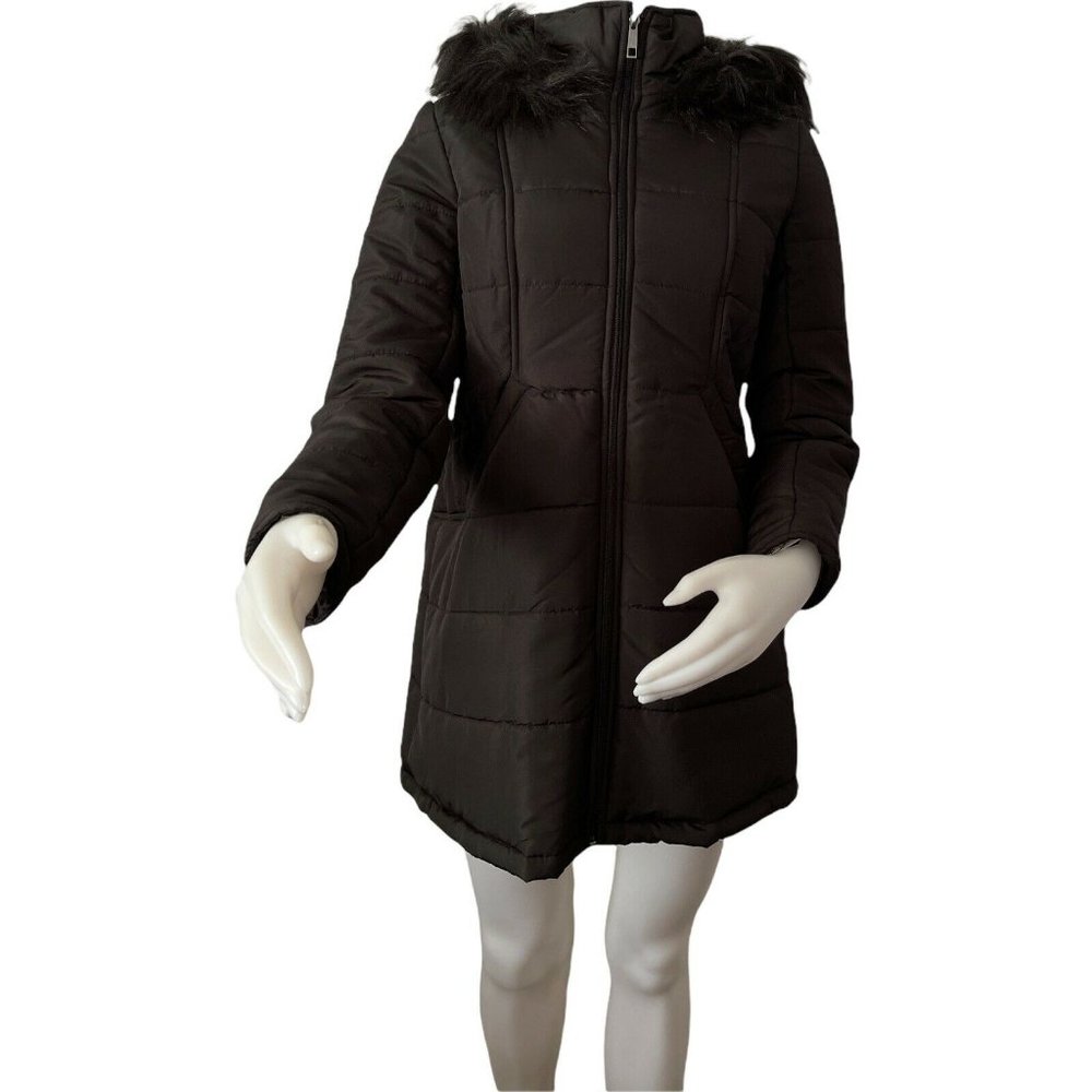 Junior’s Women Size M Maralyn & Me Black Faux Fur Trim Hooded Puffer Coat